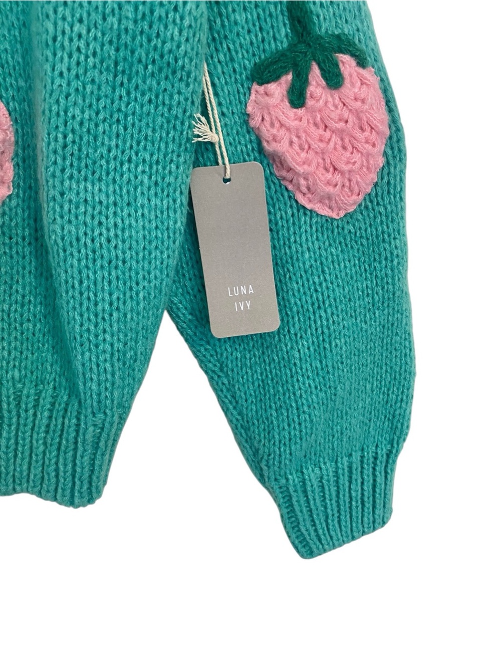 Luna Ivy Mint Green Strawberry Chunky Knit Cardigan NWT Small - Picture 2 of 7